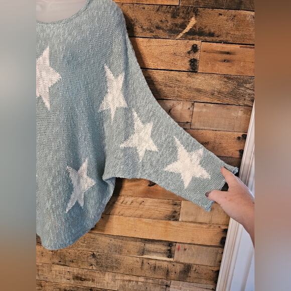 Wishlist women's spa aqua green star pattern lightweight knitted Sweater Sz S/M - Picture 9 of 15